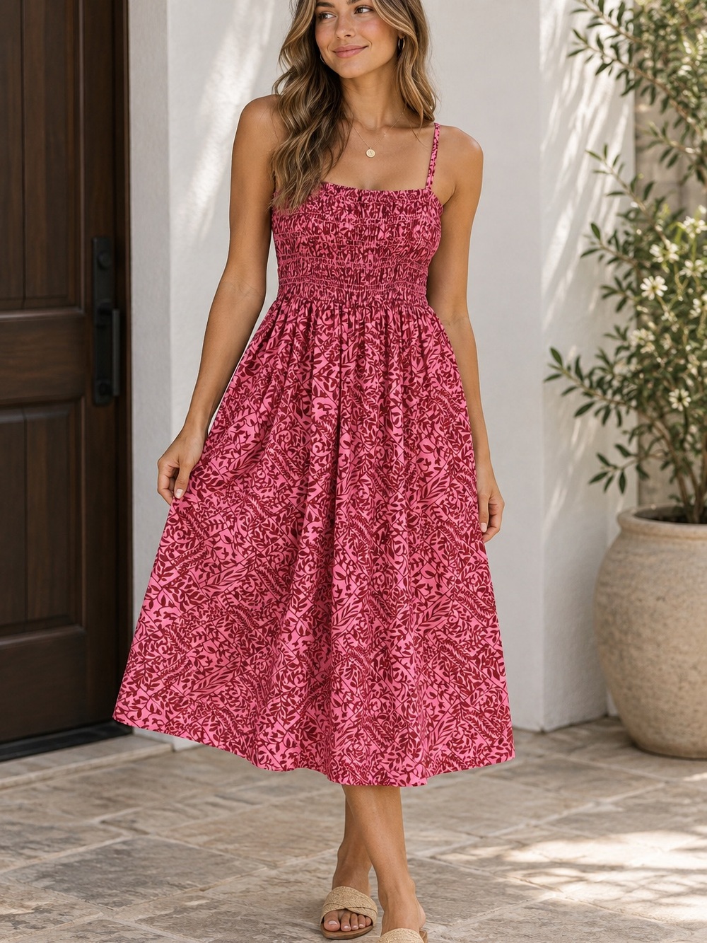 dip Pink Printed Smocked linen blend Midi Dress